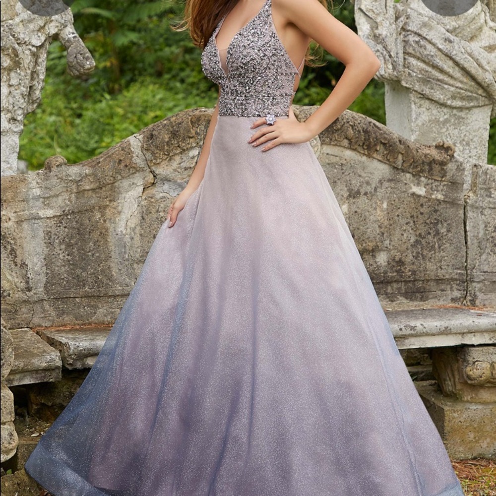 Jeweled Ombré Glitter A Line Prom Dress